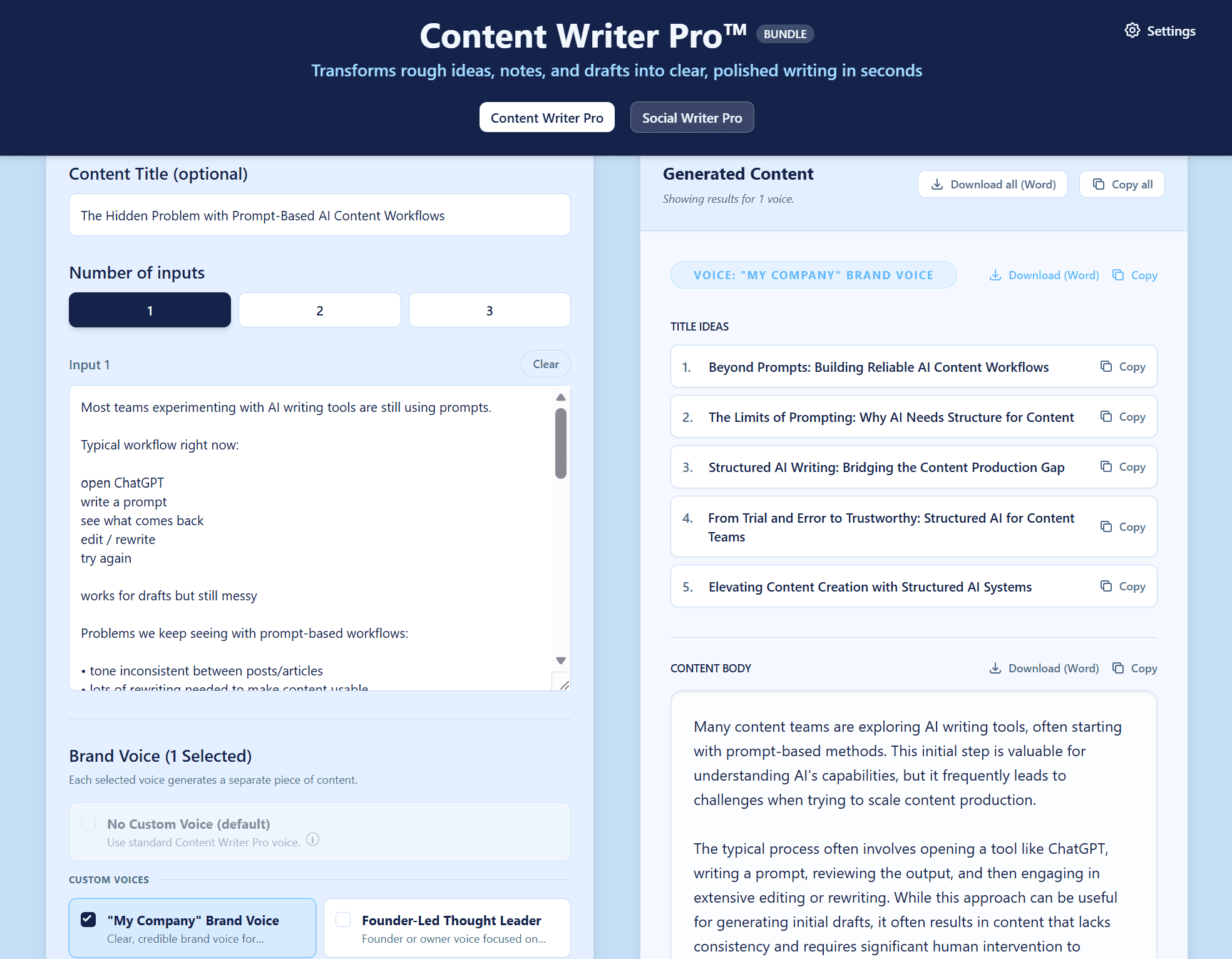 Content Writer Pro interface