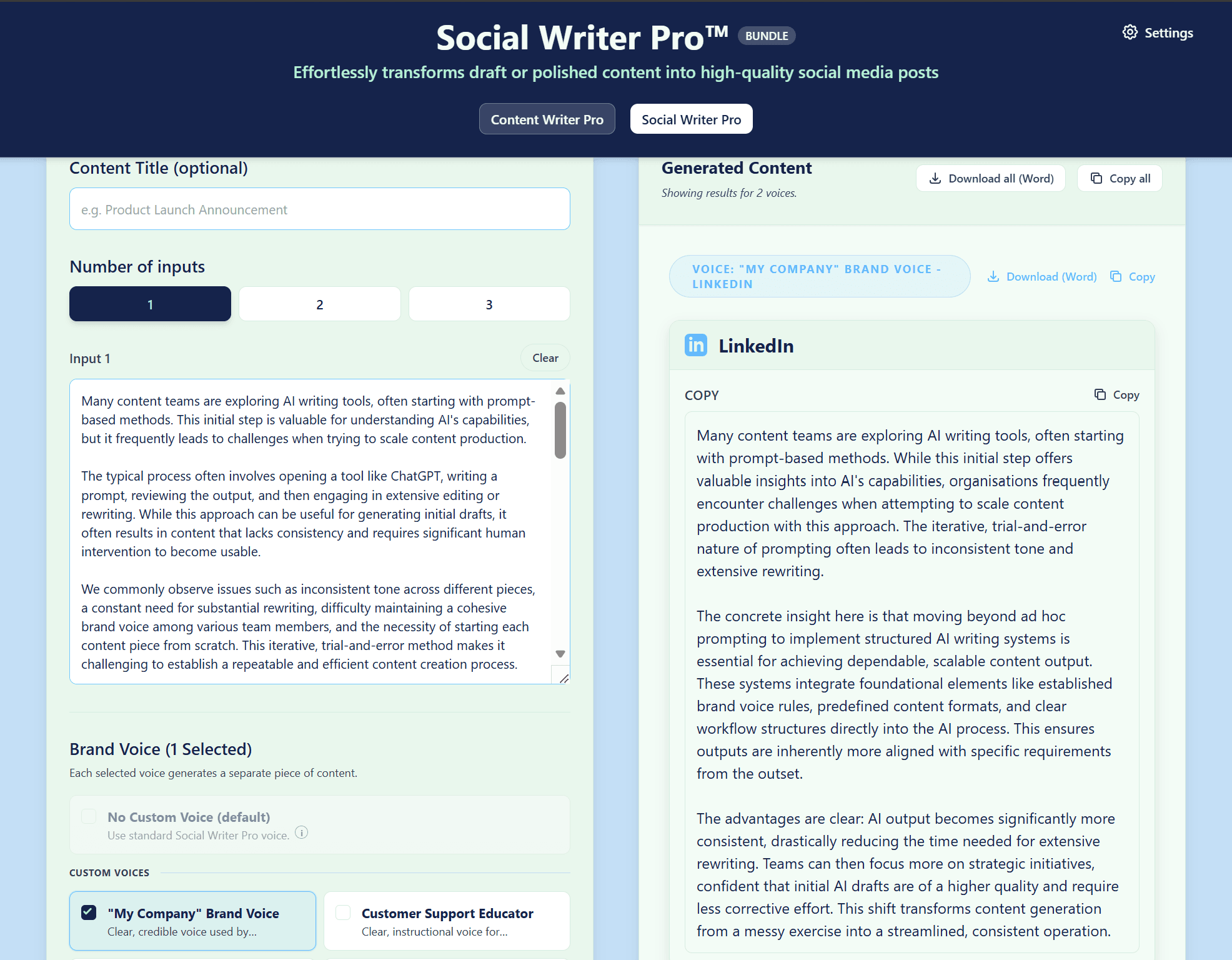 Social Writer Pro interface